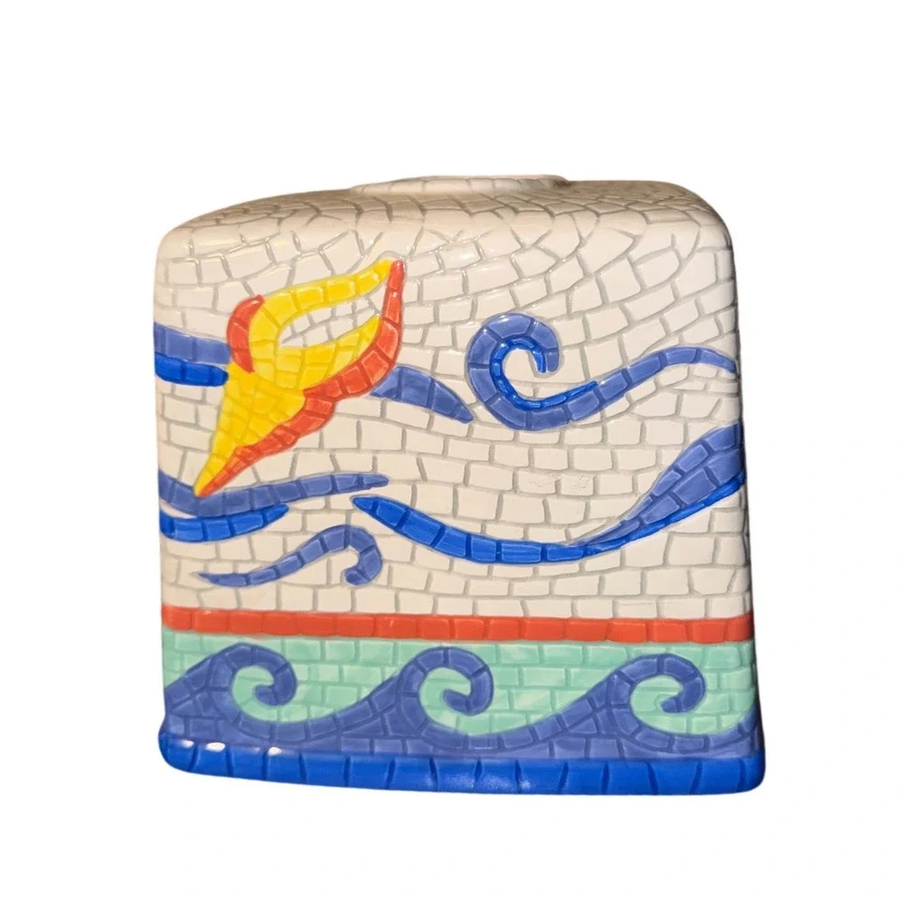 Wamsutta Vtg Ceramic Mosaic Tissue Box Cover Tropical Fish Ocean Coastal Retro